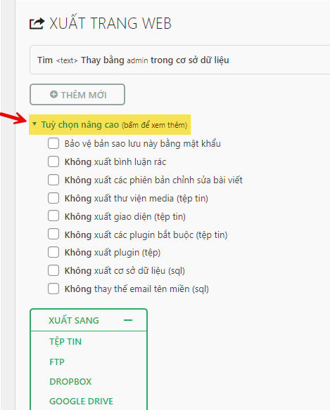 Xuất trang web với tùy chọn nâng cao