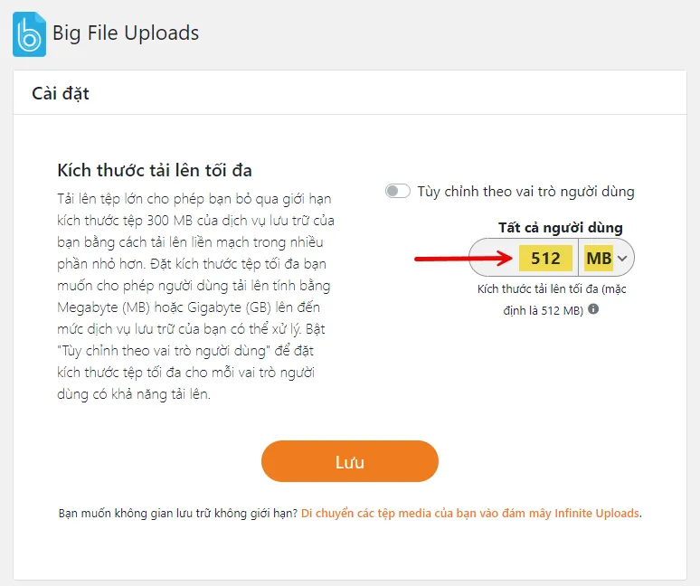 Thiết lập kích thước tải lên tối đa không giới hạn với Plugin Big File Uploads