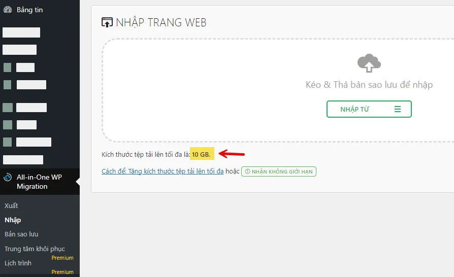 Nhập trang web giới hạn tải 10GB với Plugin Big File Uploads